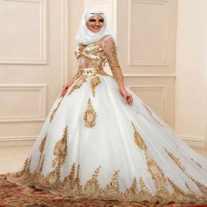 Abiti abiti da sposa in oro musulmano 2019 Appliques per abiti da ballo a maniche lunghe Sheer Codice Vestitido De Noiva Abiti da sposa