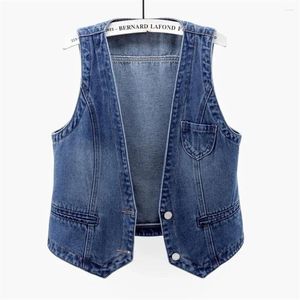 Damenwesten Fashion V-Ausschnitt Denim Frauen Frühling Sommer kurz Ärmel und lässige Single-Baste-Übergröße von Jean Wee Female Weste 6xl