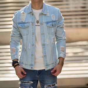 Autumn Men Streetwear Fashion Solid Holes Slim Denim Jacket Högkvalitativ Male Casual Jacket Coat 240327