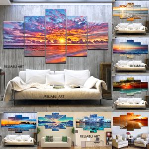 5パネルサンセットサンライズキャンバスペインティングウォールアートシースケープポスターとプリント波の景色の壁の写真リビングルームの装飾
