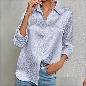 Women'S Blouses & Shirts Womens Women V Neck Long Sleeve Button Down Satin Office Dress Shirt Leopard High Low Hem Work Blouse Drop D Dhy6U