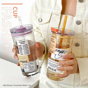 Bicchieri da vino da 500 ml di vetro addensato con coperchio e paglia trasparente tazza da caffè succo di frutta bottiglia per tè per le ragazze bevande