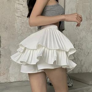 Skirts 2024 Summer Cake Mini Skirt Women Double Layer Ruffles Y2K Short Woman Solid Color High Waist Female