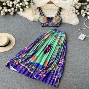 Sommerfrauen neue zweiteilige Kleidersets sexy trägerlose Modepunkte drucken kurzes Chiffon -Shirt und hohe Taille Mermaid Long Rock Set