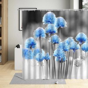 Duschvorhänge blau schöne Blumenmuster Badezimmer Gartenbildschirme wasserdichte Polyester Stoffbadeweichvorhang mit Haken