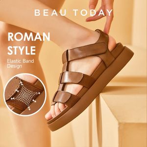 Beautoday Sandals Women Genuine Cow Leather Open Toe Solid Color Ankle Strap Platform Flats Casual Ladies Shoes Handmade 34560 240326