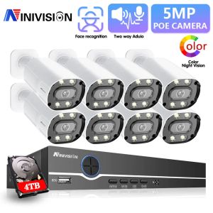 System Security Camera System 8ch 5MP HD Poe Face Detection NVR Kit CCTV Tvåvägs Audio Outdoor Video Surveillance Color IP Camera Set