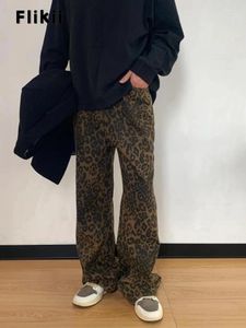 Kvinnors jeans 2024 Spring Vintage Casual Style Harajuku High midja Löst Y2K Pants Wide Leg Punk Leopard Print Denim Trouser