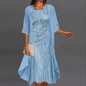 Casual Dresses Two Piece Set Elegant Chiffon For Women O-Neck Sequin Loose Wedding Party Banquet Prom Clothing