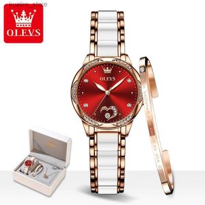 Relógios femininos Olevs 6631 Luxo Mecânica Mecânica Original para Mulheres Diamante Centro Cerâmica Correia de Aço Mão Hand Ladies à prova d'água L240402
