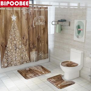 Duş Perdeleri Mutlu Noeller Baskılı Set Banyo Paspasları Halılar Xmas Ağaç Tahtası Desen Banyo Perdesi ile 12 Kanca Festival Dekoru
