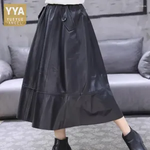 Skirts Harajuku Genuine Leather Skirt Women Loose Elastic High Waist Umbrella Fashion Casual Female Black Mid-Calf A Line