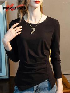 Women's T Shirts MadBlack European Clothes Tshirt Women Irregular Round Collar Ruched Slim Slit Tops Long Sleeve Tee Spring Summer 2024