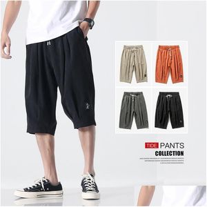 Men'S Pants Mens 4 Colors Summer Shorts Cropped Trousers Solid Color Breathable Elastic Waist Pocket Dstring Overalls Casual Fashion Dhn8N