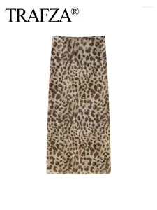 작업 드레스 Trafza 2024 Spring Female Trendy Leopard 프린트 스커트 얇은징 패션 하이 허리 섹시한 여성 복고풍 바닥 A- 라인 슬림