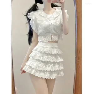 Vestimentos de trabalho A saia branca feminina define a cintura alta vintage A-line Sleeve Sleeve Shirt Y2K 90S Corean Kawaii Roush