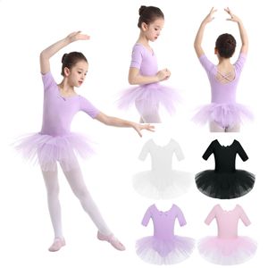 2-10 Years Kids Girls Tutu Ballerina Dancewear Short Sleeve Cotton Tulle Ballet Dance Gymnastics Leotard Performance Tutu Dress 240401