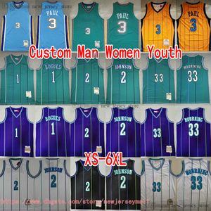 Özel XS-6XL Classic Retro Mitchellness 1992-93 Basketbol 2 Larry Johnson Jersey Geri Dönüş 3 Chris Paul 1 Tyrone Muggsy Bogues 33 Alonzo Mourning Jersey Breatble