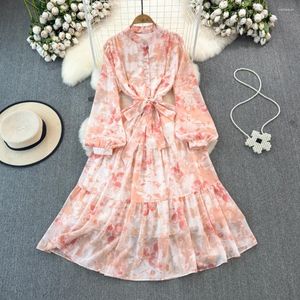 Casual Dresses Bodycon Dress Stand Lantern Sleeve Print Lace-Up Vestidos Female Elegant Folds Spring A-Line French Chic Button Dropship