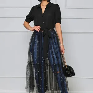 Casual Dresses Fashion Short Sleeve Black Sequin Long Dress Women 2024 Summer Mesh Perspective Office Shirt For Robe Femme