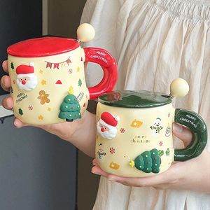 Kubki kawaii świąteczna ceramika z pokrywką łyżką DIY Santa Claus Xmas Tree Tea filiżanki kreskówka para mlecznej kawy prezent