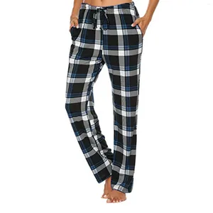 Kvinnors sömnkläder Casual Sleep Bottoms Bekväma Fashion Plaid Stripe Tryckta pyjamasbyxor rakt utdrag med fickor