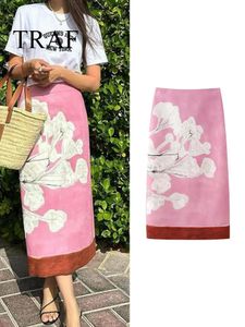 Traf Summer Womens Printed Midi kjol chic hög midja kvinnor slit slits blixtlås rakt elegant mode 240403