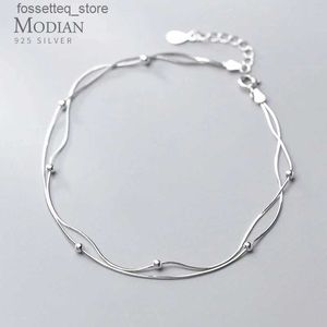 Anklets Modian High Quality Double Layer Snake Chain Anklet for Women Girl With Heart Lobster Clasp Fit Beads Charm Anklet Fine Jewelry L46