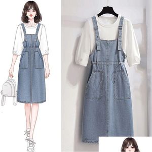 Basic Casual Kleider OC829M57 Denimriemen Rock Womens Frühlings-/Sommerkleid zweiteilige Set für hohe taillierte Luxusanpassung Dhypa