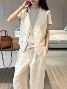 Women's Two Piece Pants 2024 Early Autumn Style Women Single-breasted Cotton And Linen Vest/same Wide-leg