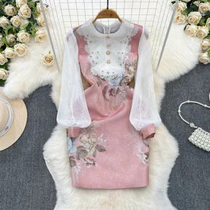 Women Basic Casual Dresses Runway Designer Sweet Lace Patchwork Beading Jacquard Dress Women See Through Long Sleeve Metal Buttons Elegant Mini Dress 2024