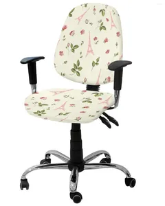 Sandalye Bahar Pembe Çiçekler Yeşil Yapraklar Eyfel Kulesi Elastik Koltuk Kapağı Çıkarılabilir Ofis Slipcover Split Seat