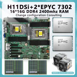 Moderbrädor H11DSI för socket SP3 Moderkort + 2* EPYC 7302 16C/32T 155W TDP CPU -processor + 16* 16 GB = 256 GB RAM DDR4 2400MHz RECC Memory