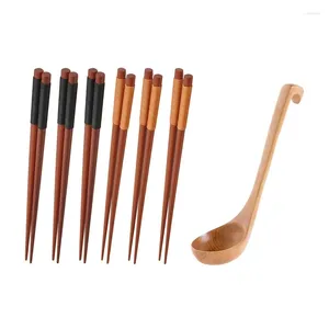 Chopsticks 6 Pairs Wood Reusable Chinese Korean Japanese Chop Sticks & 1X Natural Spoon Classic Wooden Soup-Ladle