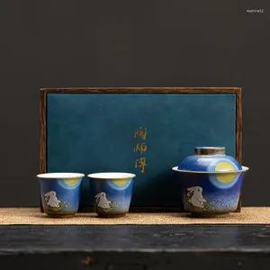 Teaware set Stone Blue Jade Hare Tureen Quick Cup One Two Tea Travel Set Mini Portable Bag Storage Gaiwan