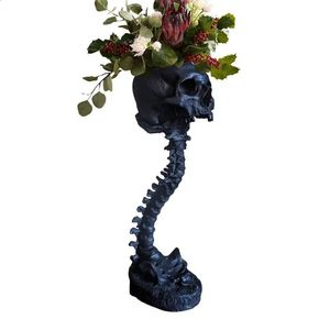 Plantador de caveira Stand Stand Set Goth Spooky Decor Spooky Polyresin Skulls Pot Skeleton Home Scary Halloween Style 240325