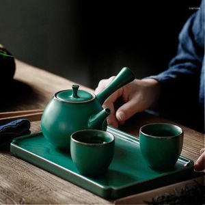 Conjuntos de chá de chá japonês alça lateral conjunto de chá de panela 1 bule 2 xícaras bandeja de quatro peças em casa cerâmica seca luxo masculino presente