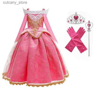 Flickans klänningar flickor halloween skönhet aurora prinsessan klänning långa seves spets mantel för barn underbara karneval jul fancy party outfits l240402