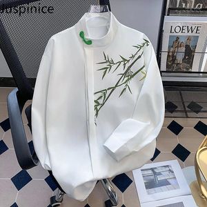 Men's Casual Shirts Chinese Style Retro Bamboo Print Long-sleeved Shirt Oil Painting Loose Drape Tops Male Clothes