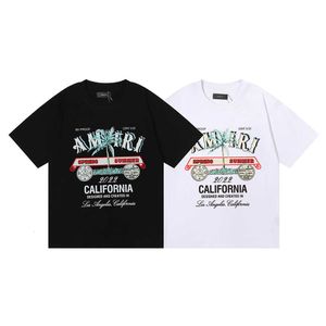 Moda de marca Amirii Padrão de letra de letra de algodão impresso Crew pescoço casual de manga curta masculino e feminino casal de camiseta grande de pulôver