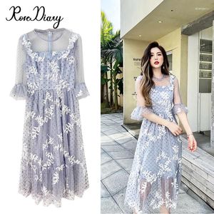 Abiti per feste Fashion Runway Summer Vintage Dress Women Black Dot Flowe ricamo manica a bagliore Mesh Elegante spiaggia Vestidos