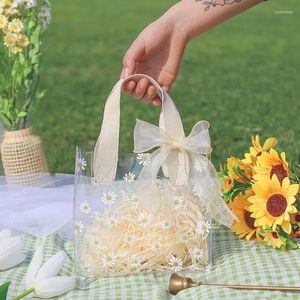 Förvaringspåsar transparent pvc gåva tote förpackningspåse klara tusensköna blommor plast handväska vattentäta bröllopsfest leveranser