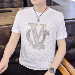 유명한 브랜드 티셔츠 남자 고급 아이스 실크 여름 여름 짧은 슬리브 남자 핫 다이아몬드 트렌드 브랜드 패션 Jacquard