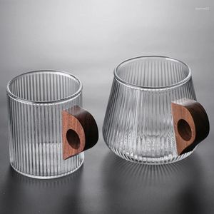 Vinglasglas av glas kaffe mugg japansk stil kopp med trähandtag vertikala ränder te mjölk hemmakontor dricker öl gåva