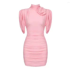 Party Dresses 2024 Pink Black 3D Plate Flower High Neck Gathered Women Mini Dress Short Sleeve Stand Collor