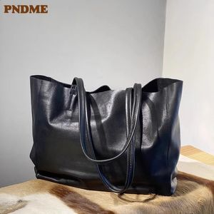 PNDME 캐주얼 고급스러운 부드러운 가죽 여성용 블랙 토트 가방 주말 쇼핑 리얼 카이 리드 여성 대단함 어깨 240329