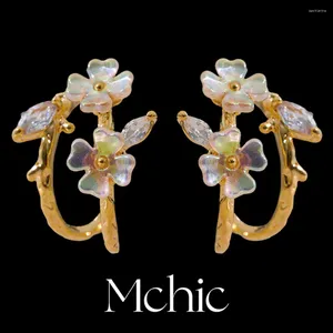 Hoop Earrings Mchic Trendy Resin Flower Zircon Hollow Geometric Huggie Prevent Allergy Metal Gold Color High Quality Jewelry Gift