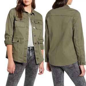 Custom Wholesale Fall Work Wear Female Army Green Pockets Button Fly Jacket Women Twill Cotton Utility Safari