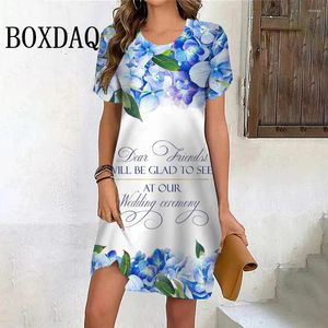 Casual Dresses 2024 Women Dress Summer Vintage Letter Målning Flower Kort ärm Pullover Print Mini Oversize sundress