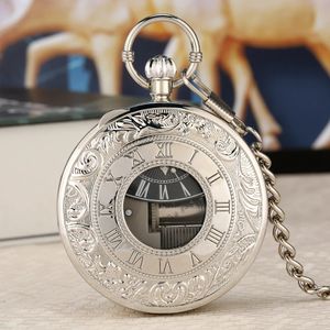 Luxury Silver Musical Movement Pocket Watch Quartz Hand Crank Spela Music Fob Chain Pendant Clock Happy Year Gifts 240327